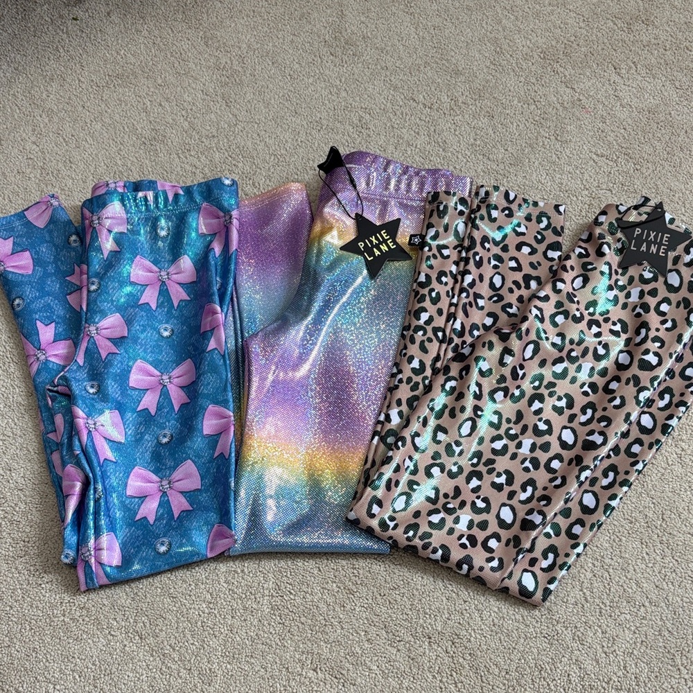 PixieLane Leggings Bundle NWT size 9/10- Blue Bow, Rainbow Ombrew, Leopard